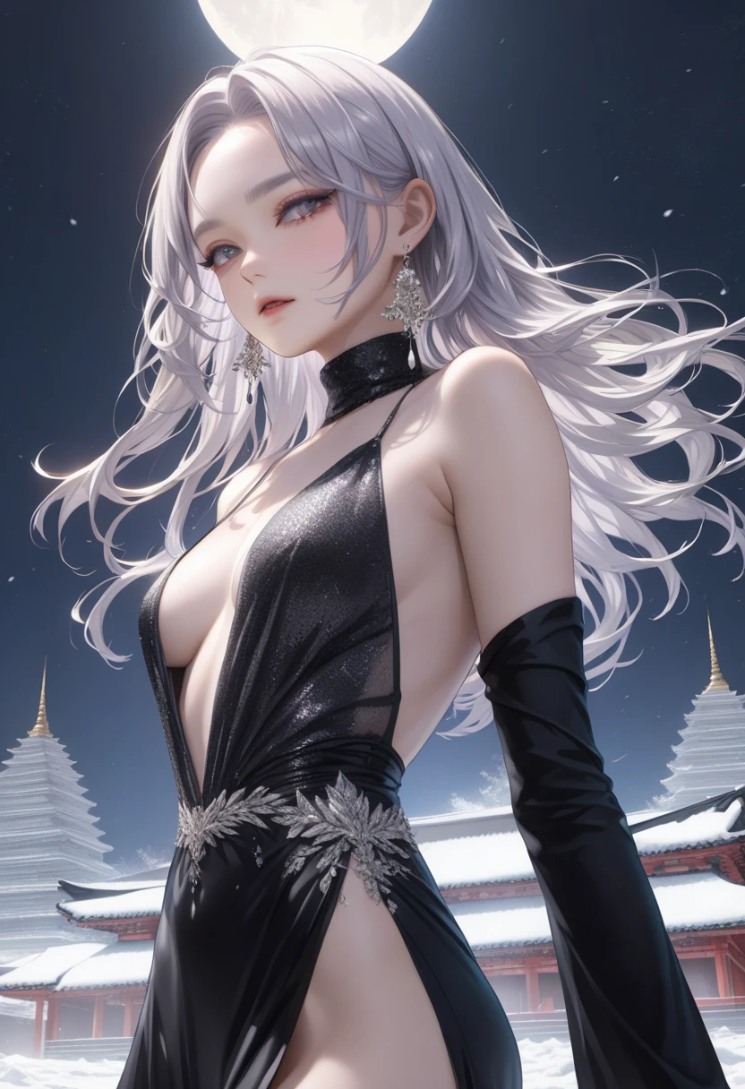 ((masterpiece:1.5、8K、Tabletop、Photorealistic and very detailed CG、Very detailed、Particle Effects、Dynamic Effects、Shallow depth of field、Cinematic Light、Lens flare、Ray Tracing、Tabletop、Realistic:1.4、Ultra-high resolution:1.2、Realistic、Realistic))((alone、,A woman wearing a black fur coat over an off-the-shoulder sweater:1.4、Elegant woman posing、Detailed face、brightexpression、young, bright, Whiter skin、medium breasts、Beautiful cleavage、Best Looks、ASİAN、Ultimate beauty、bright and shiny hair,、Super long, Silky straight hair、Hair dancing in the wind))(spectacular night sky、White Nights、Fantastic starry sky)((White hair with shiny highlights))