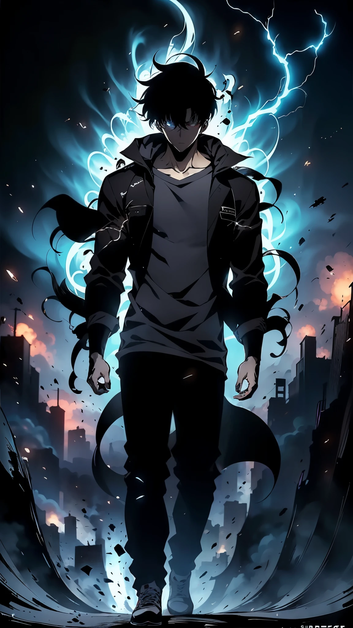 The highly detailed action character blister packaging design features a solo male anime character inspired by Kaneki Ken from Tokyo Ghoul, the full-body character at the center. He has short messy black hair, bright red eyes, pale skin, a black hooded jacket, dark pants, combat boots, and dark nail polish. Accessories are neatly arranged around him: a black tactical knife, a futuristic shotgun, dark sunglasses, a silver necklace, and a leather bag. Dark and atmospheric background design with glowing city elements, cinematic shadows, and high contrast. The label at the top reads "SHADOW HUNTER" in a modern bold font. The packaging is stylish, collectible, and presented like a box of high-end anime action characters.