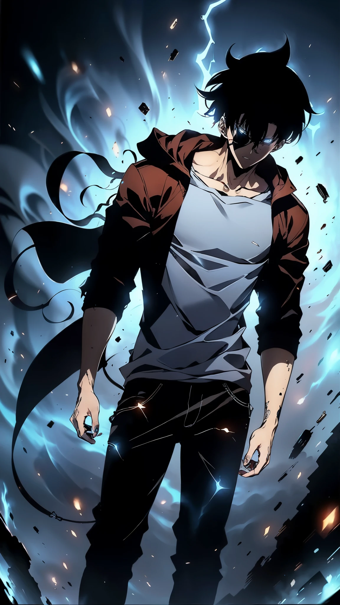 The highly detailed action character blister packaging design features a solo male anime character inspired by Kaneki Ken from Tokyo Ghoul, the full-body character at the center. He has short messy black hair, bright red eyes, pale skin, a black hooded jacket, dark pants, combat boots, and dark nail polish. Accessories are neatly arranged around him: a black tactical knife, a futuristic shotgun, dark sunglasses, a silver necklace, and a leather bag. Dark and atmospheric background design with glowing city elements, cinematic shadows, and high contrast. The label at the top reads "SHADOW HUNTER" in a modern bold font. The packaging is stylish, collectible, and presented like a box of high-end anime action characters.
