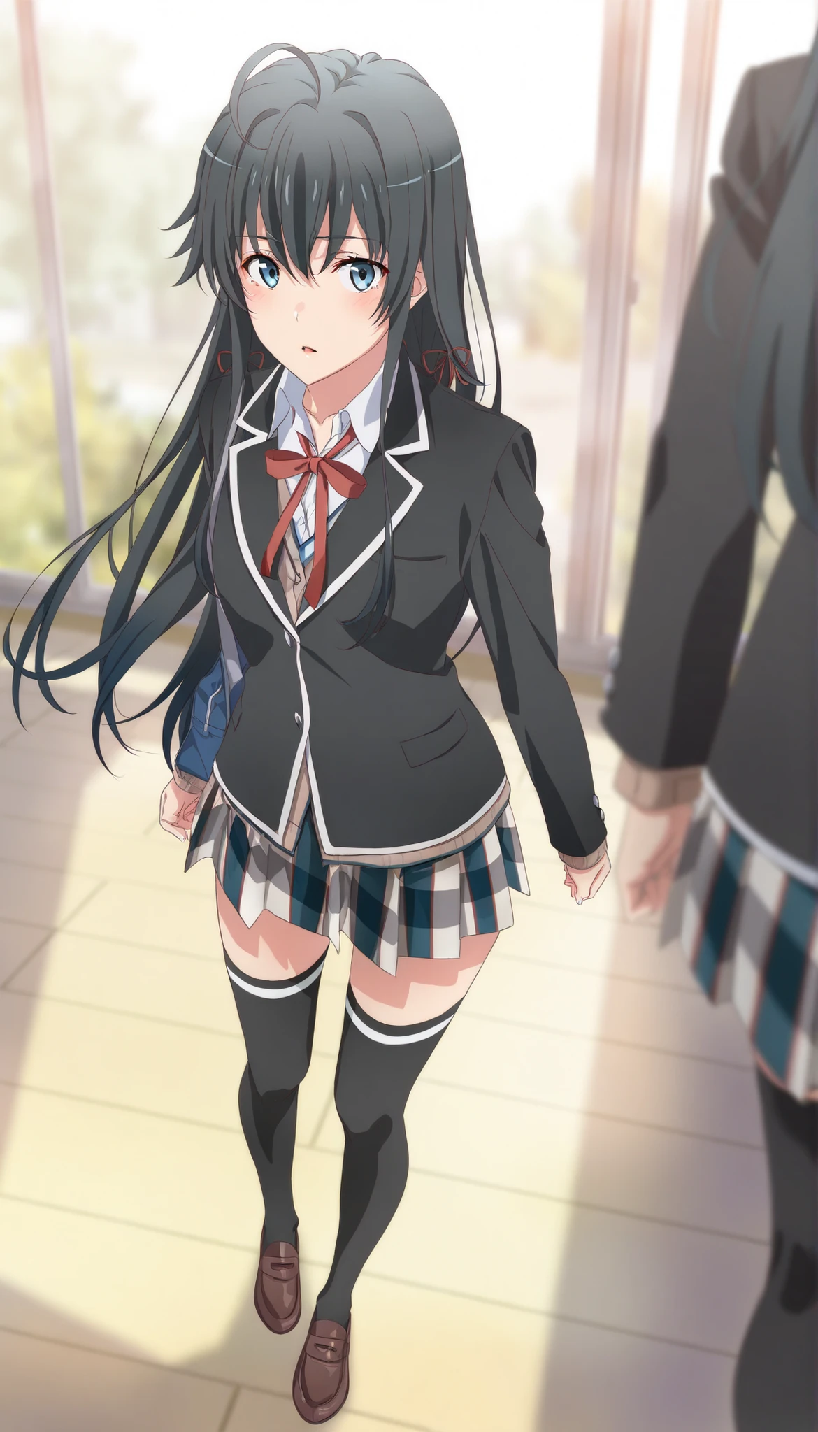 masterpiece,best quality,yukinoshita yukino, blue eye,black long hair, ahoge, hair ribbon, school uniform, neck ribbon, collared shirt, blazer, black jacket, long sleeves, plaid skirt, black thighhighs,Brown loafers,