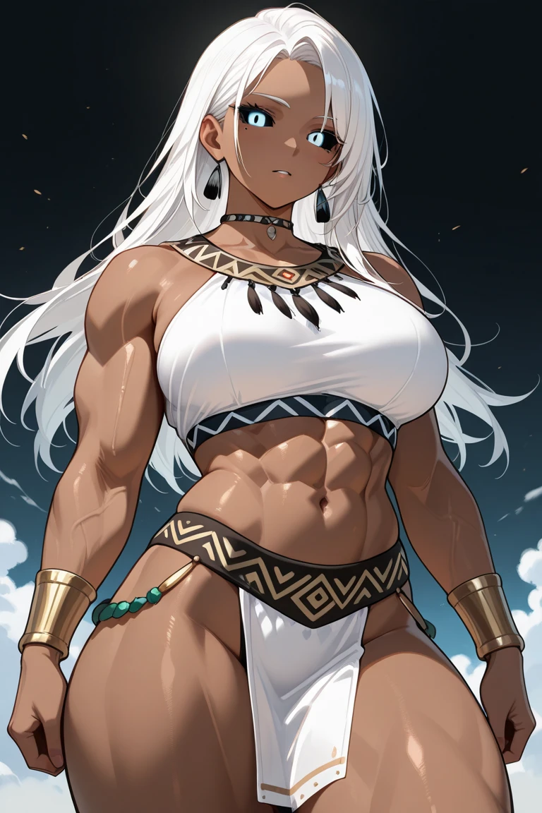 masterpiece, best quality, perfect anatomy, solo, 1girl, blue-gray hair, long hair, long bangs, long
sidelocks, straight hair, tan skin, hair over eyes, blunt bangs, wolf ears, wolf tail, wolf girl, medium breasts, toned, bandeau, loincloth, chestnut mouth, absurdres,