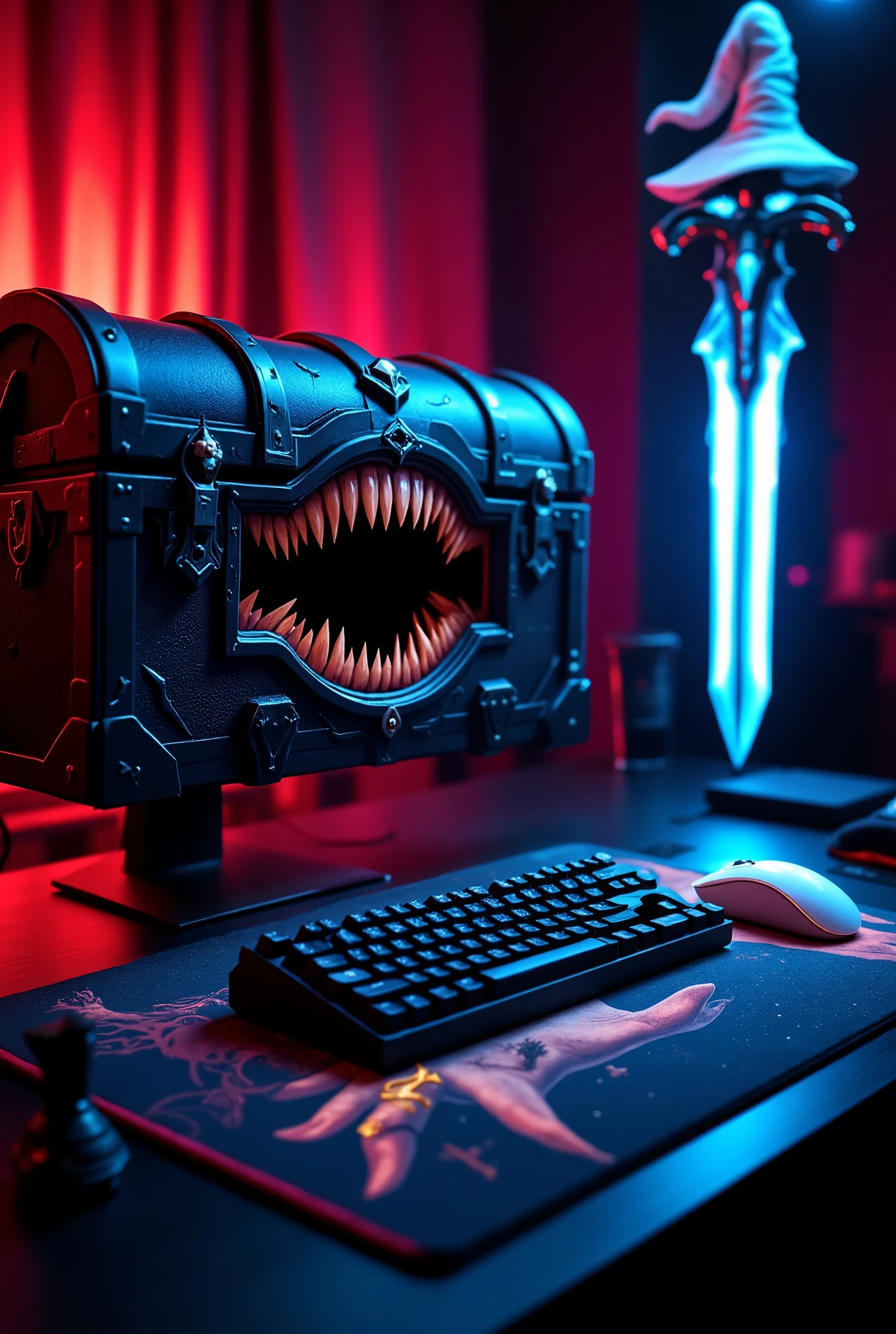  Gamer monitor where the screen is in the shape of a  with a horizontally open mouth full of sharp teeth, on the table a keyboard on top of a huge mousepad with an illustration of the character Malenia from the game Elden Ring, the mouse is a pale hand with six fingers and a gold ring on the third finger, in the background you can see a huge sword leaning  with its blade in a neon blue and a large white wizard's hat on its handle, (room lighting in shades of red), (blurred background), ((ultra HD)), ((detailed)), ((perfect lighting)), ((masterpiece)) 
