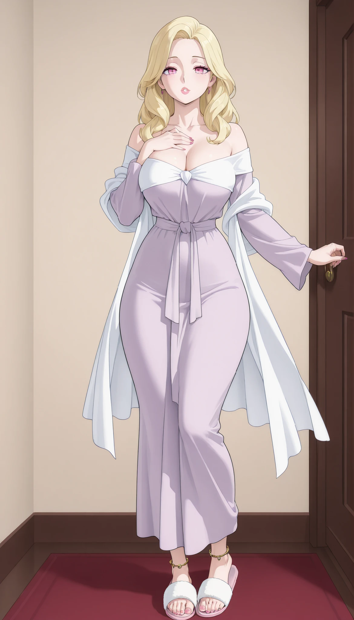 A mature beautiful woman with blond hair, extremely fair white natural skin, big pink eyes, red plump glossy lips, pink nails, a small waist, and a perfect slim yet curvy body. She's only wearing a revealing mini-short-length purple robe with long flared sleeves, a thin white shawl draped in an off-shoulder style, feet anklets, and slippers. She's standing straight, coming out of a room, with cleavage, one hand to her chest, and a plain expression. Show her full body and super hyper-detailed.