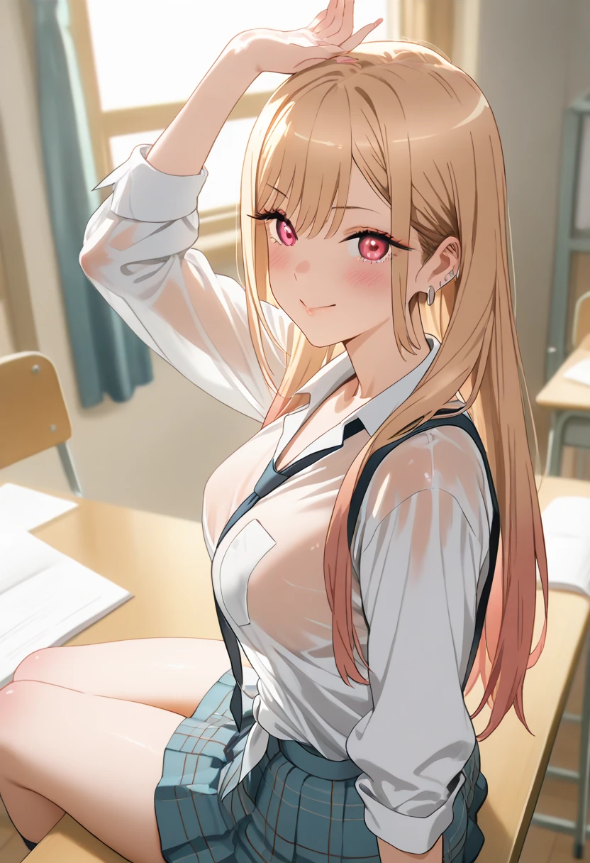 best quality, (masterpiece:1.2), detailed,
Beichuan Marine SB,
1 girl, alone, open mouth, Smile, teeth,
long hair, blonde hair, red eyes, colorful hair, earrings,
Uniforms, collar, White shirt, pleated skirt, blue skirt, blue tie,
Permanently installed, looking at the audience,(((She lifted her shirt, Reveal under her bra))).
classroom
