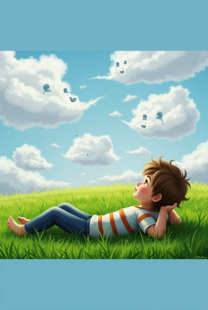 Picture of a child, which takes place in a bunker and a thought bubble in which there is a lawn full of flowers