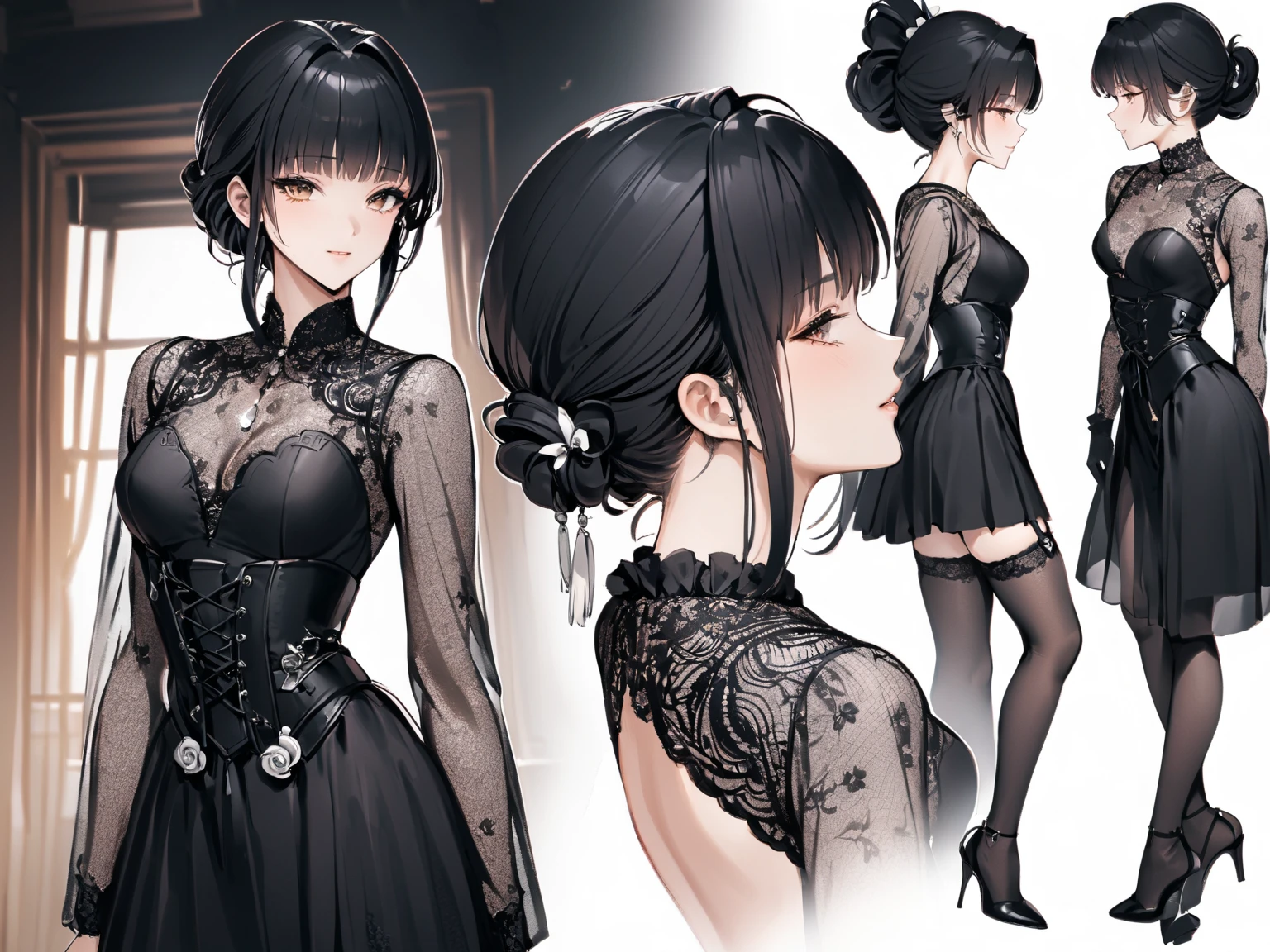 (masterpiece, highest quality, highest quality, official art, Cosmetology and aesthetics: 1.2), nsfw, A cross-dressing boy with shoulder-length black hair, lingerie,Cute, delicate and short,whole body,standing boy,three view drawing, front and back and side,character sheet,full body,simple background