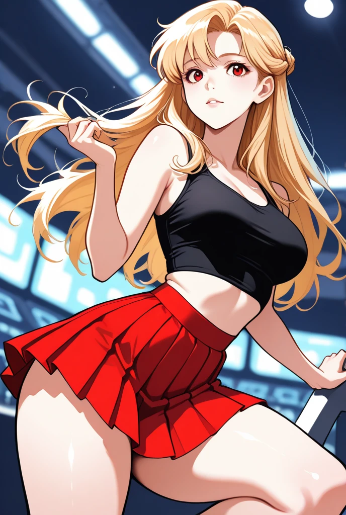 a hot blonde girl with big sweating wearing a tiny skirt eating a popsicle