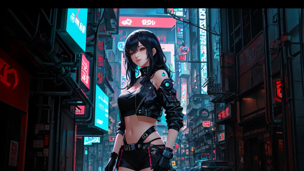 (masterpiece), (highest quality), Ultra-high resolution, Sharp focus, ((1 female, alone)), whole body, Cyberpunk Theme, Beautiful detailed hair, Light blue hair, long hair hangs down, Beautifully detailed face, ((Beautifully shaped eyes, Blue Eyes)), Perfect feminine face, View your viewers, Feminine navy blue enamel cyberpunk outfit,refined armor, Neon lights in the city of bright colors, (At night:1.2)