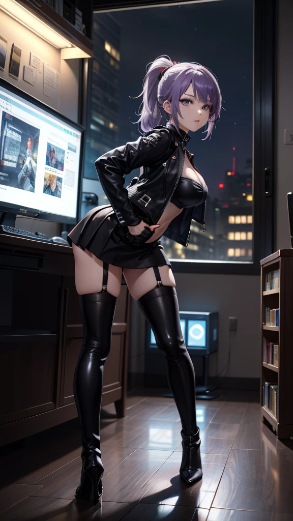 full body shot, sexy, shot from behind, young girl, teenage, detailed face, looking at viewer, perfect face, high cheekbones, strong jawline, high nose bridge, celestial nose, pointy nose tip, lipstick, makeup perfect body, high resolution, high quality, correct anatomy fantasy, nina body suit, leather, latex, high heels, special agent, gun, cyberpunk, inside palace, bedroom background, strong jawline, night --auto --s2