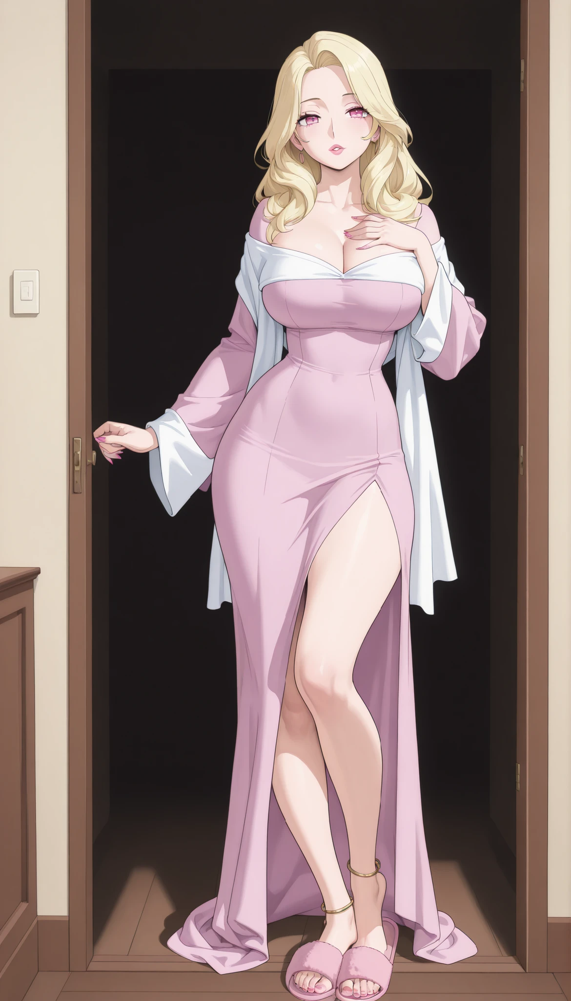 A mature beautiful woman with blond hair, extremely fair white natural skin, big pink eyes, red plump glossy lips, pink nails, a small waist, and a perfect slim yet curvy body. She's only wearing a revealing upper thigh-length mini purple robe-like dress with long flared sleeves, a thin white shawl draped in an off-shoulder style, feet anklets, and slippers. She's standing straight, coming out of a room, with cleavage, one hand to her chest, and a plain expression. Show her full body and super hyper-detailed.