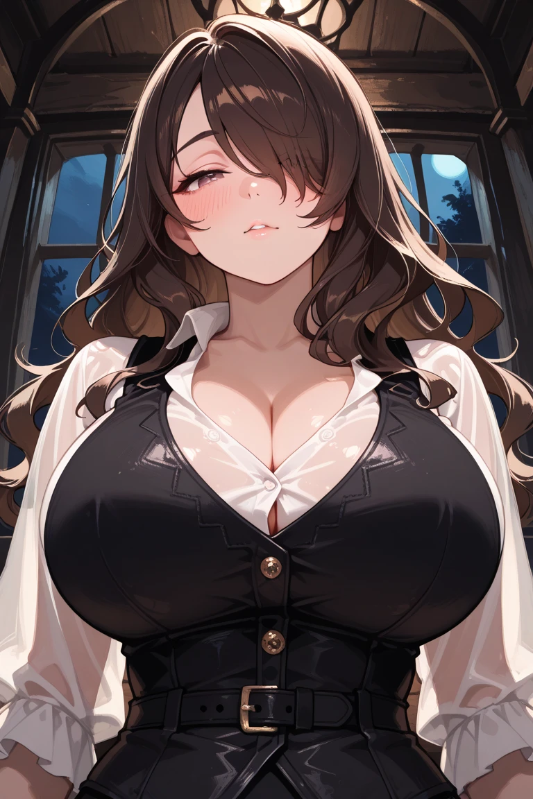 Masterpiece, very detailed, ultra detailed, one, (1 woman), she is in a snow and white detailed dress with luminous black details and in an elegant position, super mature, tall, milf style, mature mother, super long hair, bright golden hair, super golden hair and sloppy bangs, yellow demonic horns, beautiful, charming, bright blood-red reptile eyes, reptile eyes, super red eyes, bright eyes, elegant, big breasts (huge, torn), innocent smile, charming, bright background, cute environment, against the background of lightning and thunderstorms.