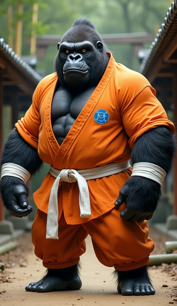 Create an image with a Pixar poster-style, realistically depicting the following specifications: A baby gorilla with a fierce expression, wearing a black belt jiu jitsu kimono. The image details should be highly realistic, and the colors should be vibrant