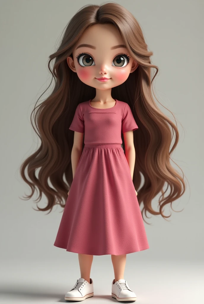 Create Realistic Photos of 11 Year Old Girls Red Curly Hair. (shoulder height), Beautiful face, smile, whole body, slender body, slender legs, green eyes on a pink background in a pink beautiful dress
