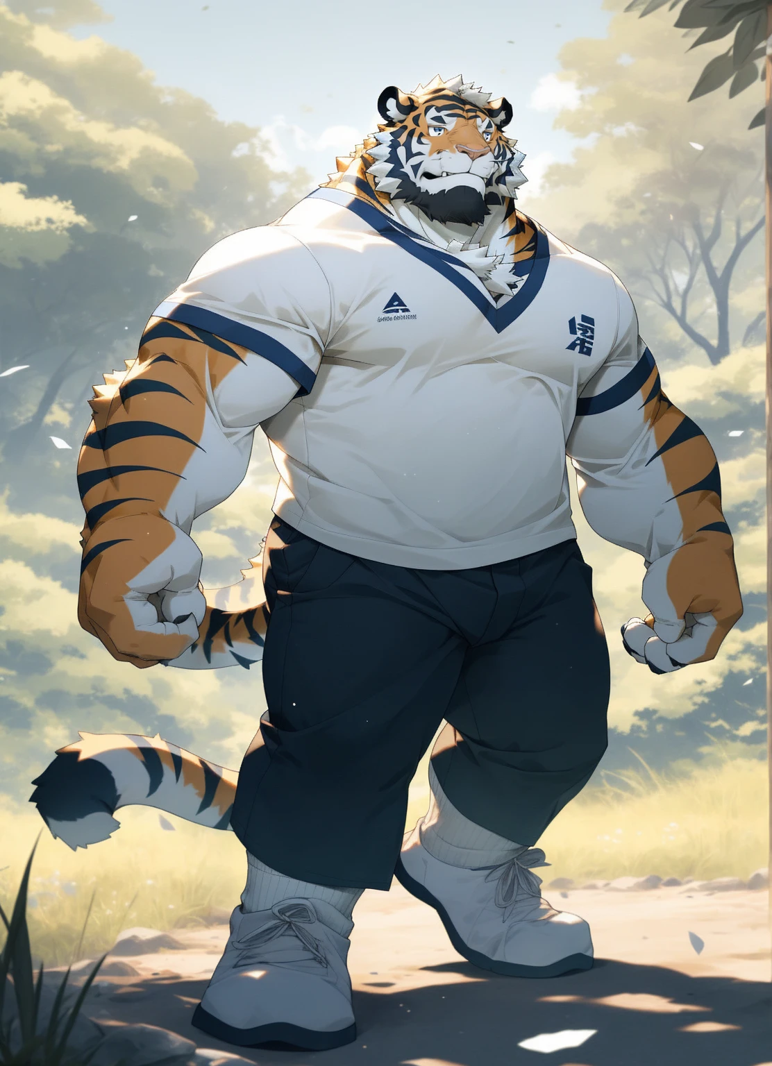 hairy，(tiger，Blue short sleeve，Black shorts)，fur，White short hair，male，Common，full-body shot，(((Smaller size)))，(((huge buildings)))，((Look up at the bigger building))，Full body details ，Mature，Strong body，Detailed mountain background，lifelike ，masterpiece，Very detailed，lifelike