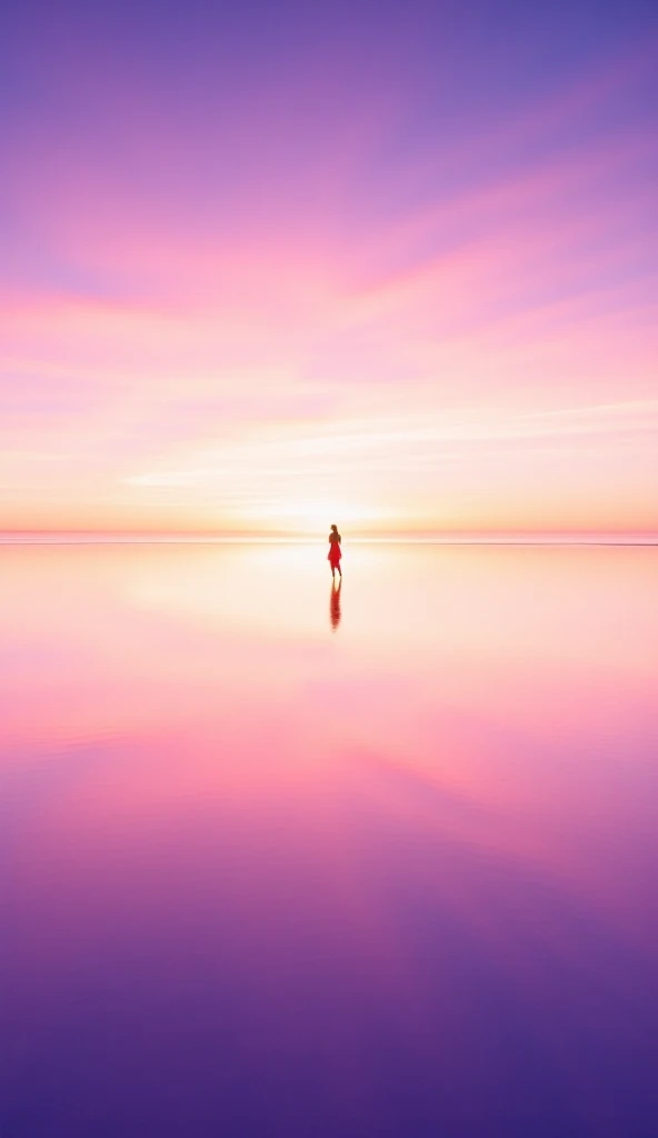 In Salar de Uyuni、Silhouette of a naked girl standing on the water、Blue sky、White cloud、evening、