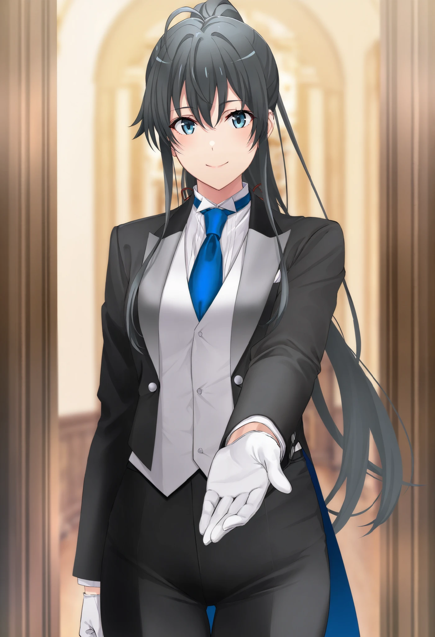 score_9,score_8_up,score_7_up,,masterpiece,best quality,,,in front,,,1girl, solo, standing yukinoshita yukino, blue eyes , black hair, long hair, ponytail, tuxedo tailcoat, butler, blue necktie, in front of viewer directly, black pants, white gloves , soft thighs,cool smile, reaching at viewer, handsome girl, shinny eyes , upper body