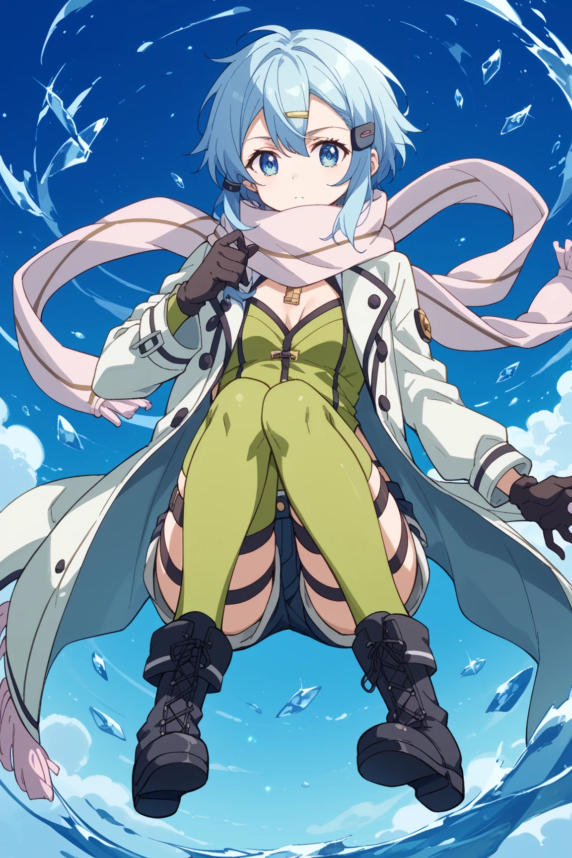 Panty shot,Under the skirt,(((White lace panties))),One girl, alone, boots, White footwear, short hair, Purple eyes, Thigh straps, hair ornaments, Hair Clip, Aqua Hair, Open your mouth, smile, dress, Long sleeve, View your viewers, short dress, Leaning forward, knee boots, Blue background, Thigh pouch, Foot, masterpiece ,8k unity wallpaper,Anime key visual,Highest quality, High resolution, unity 8k wallpaper, (shape:0.8), Highly detailed face,Highly detailed eyes,Glowing Eyes , Glowing Skin,Fine skin,White skin,dense skin,Detailed Hair,Very elaborate legs,Perfect lighting, Detailed CG, (Perfect hands, Perfect Anatomy),High resolution,Official Art,Anime key visual,(Detailed wear ),Thin limbs, Delicate curves, Graceful Hands, Small feet,shape:0.8,Anime Coloring,
