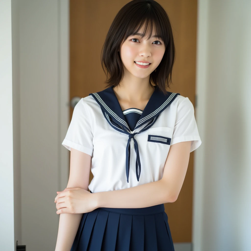One girl, short hair,Black Hair,smile, summer, indoor, locker room,Sitting on a bench,Hold your head high,Junior high school freshman, Look here, Change of clothes,White Sailor Suit,Front upper body up,transparent, (masterpiece, Highest quality), Soft Light, Structure of the film, Like a movie