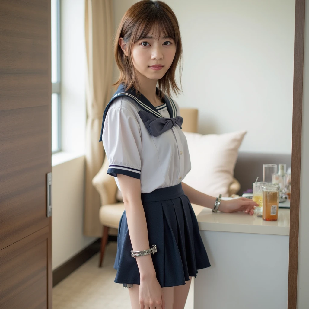 Wearing a sailor suit jacket、Japanese high school students、18-year-old female, RAW shooting, (realism: 1.8, Realistic), High-definition CG integrated 8K wallpaper, One Girl, looking at the camera, ((Straight from the front))), (high qualityスキン: 1.8, Shiny skin)), 8K Ultra HD, Digital SLR, Soft lighting, high quality, Film Grain, Fujifilm XT3, (whole body: 0.5) (Professional Lighting: 1.6), 白い綿のunderwear, underwear, Stand in front, Japanese women, 足首からwhole bodyまで, Bristle pubic hair, Resembling Mai Shiraishi, A shot looking up from the feet, Long Back Double, Height: 160cm, Weight 50kg, Calm and busy