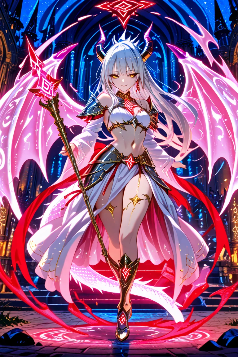 Photograph. High image quality. 4K。 Create an image of an adorable 12-year-old girl who is a wizard. She is a breathtaking beauty that attracts everyone's attention. She has long white hair and eyes that emit a very striking ruby-like red glow. The chest bulges small, like the low of a teenager, and the legs are not thick. She wears a red dress that complements her appearance, and her underwear is white. Her skirt is short enough to reveal her underwear, and she wears a headband on her head that symbolizes her in the shape of bat wings. Draw her in a pose that represents her magical powers. In the background is a magical forest and places decorated with magic symbols and runes, creating an enchanting atmosphere worthy of a wizard. Camel toe. Keep your legs wide open. Red eyes. Flying dynamically in the sky