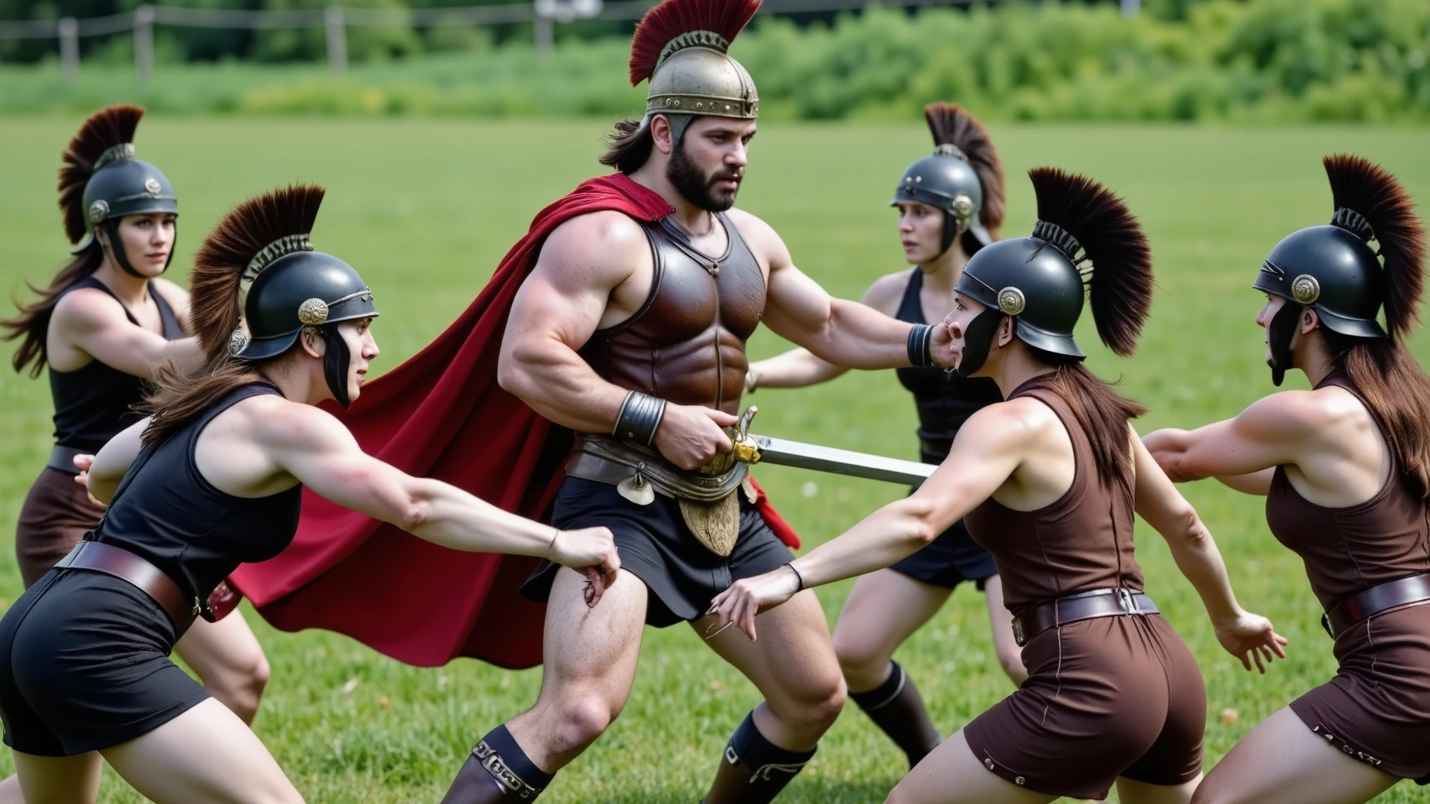 Theseus, the Greek hero, is locked in an intense battle, clad in brown Thracian armor, a red cape flowing behind him, and a bronze helmet adorned with a red crest. He wields a gleaming sword, his stance radiating strength and determination. Surrounding him are multiple Greek Amazons, dressed in black armor with dark bronze helmets featuring black crests, and brown capes flowing as they attack. The background is a lush green field, enhancing the vividness of the battle. The scene is dynamic and dramatic, showcasing the heroic confrontation and the legendary might of Theseus against the warrior Amazons.
