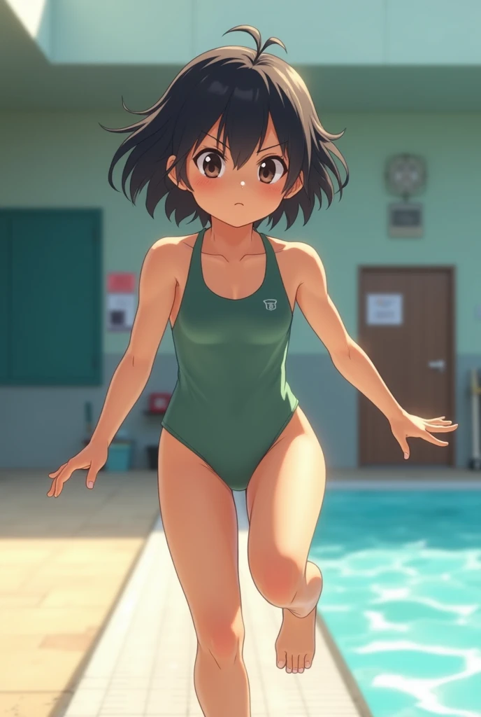Girl with short black hair,Green eyes,Sexual position,swim wears,Be red in the face
