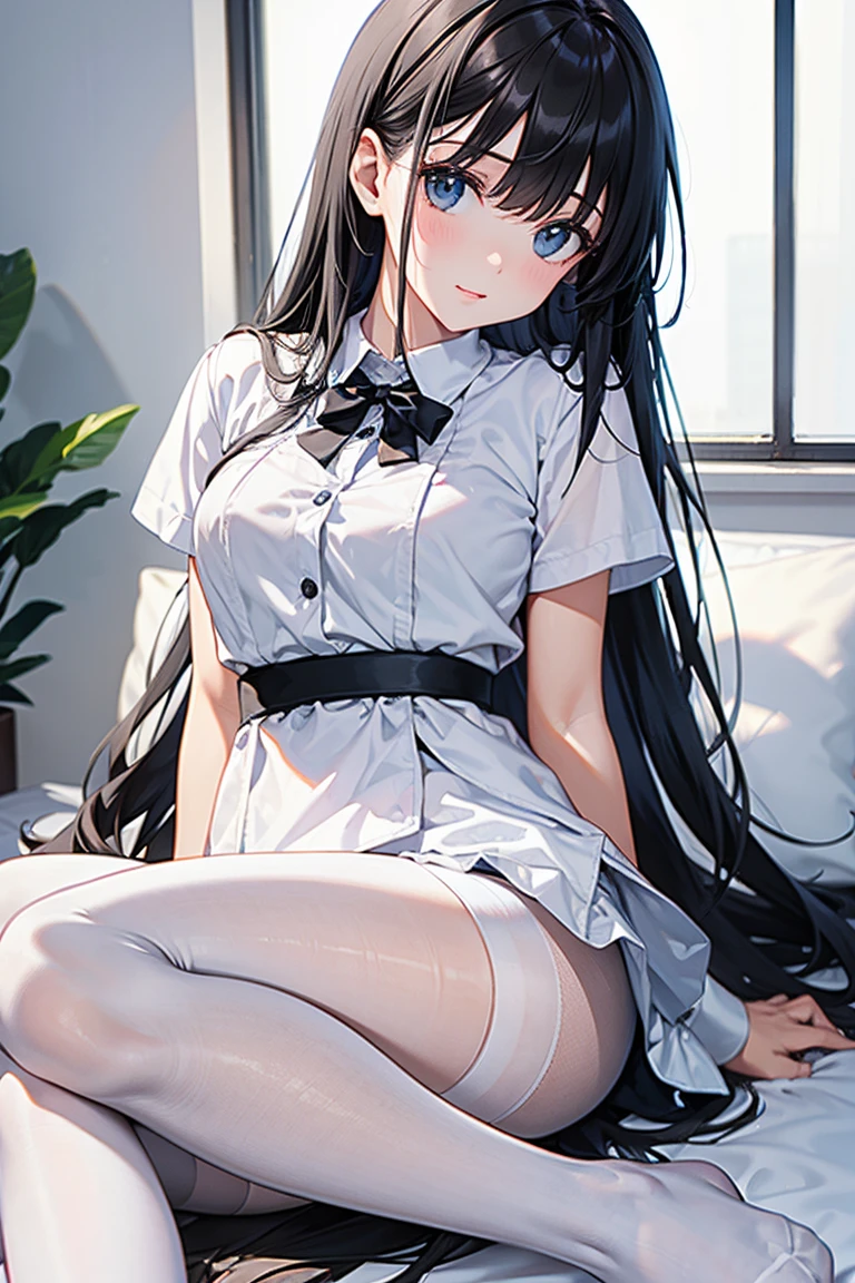 Black long straight hair woman，White short sleeve open collar shirt top，，underwear，white pantyhose，Standing，indoor