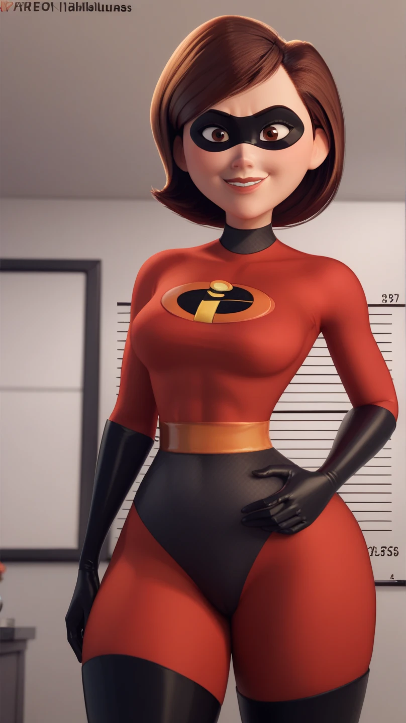 score_9,score_8_up,score_7_up,score_9,score_8_up,score_8,ultra detailed,beautiful face,beautiful hands,detailed background,detailed face,4k,HD,8k,highres,antialiasing,detailed,texture BREAK helenparrSDXL,1girl,short hair,brown hair,thighhighs,gloves,brown eyes,bodysuit,superhero,domino mask,cowboy shot, mugshot ,from below, smile