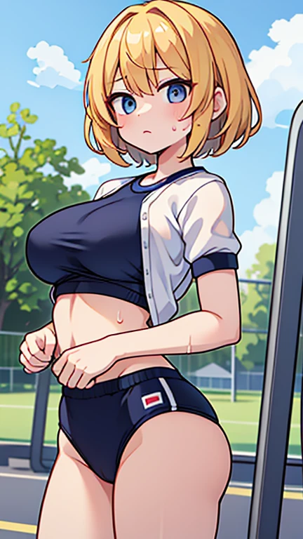 short girl, loli, big breasts, hair above her eyes, green eyes, wearing school gym clothes, with school bag, white socks, wet with sweat, thus revealing her breasts, big breasts, she is sweaty, mischievous smile, embarrassed , holding a hand chest, standing, viewer's perspective, perfect anatomy, perfect hands, perfect feet, no extra limbs, masterpiece, 2k quality, background should be blurred, girls in school gym uniform exercising in the background, she is on the school's sports field.