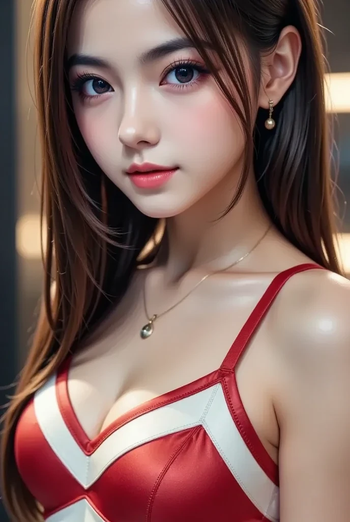 Here is the photorealistic masterpiece prompt:

A beautiful young girl with long black hair and huge breasts poses in a studio setting wearing a multicolor pleated red school swimsuit. She has blue eyes and a serious expression. The background is a solid yellow hue, mimicking a large aperture camera setup. Her skin has an authentic texture with vivid red lip color. She's looking directly at the viewer with a stunningly beautiful and cute face. The lighting is cinematic with high detail and sharp focus. Her hair is styled in twintails with a braided crown and adorned with jewelry. Her chest is accentuated by her pose, showcasing her fit physique. In the background, there is no visible backdrop, only the yellow hue. The overall atmosphere is one of alluring pose, flirty expression, and edgy yet elegant photography.