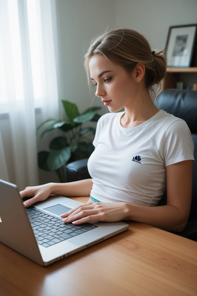 Redhead girl using laptop wearing cozy clothes
