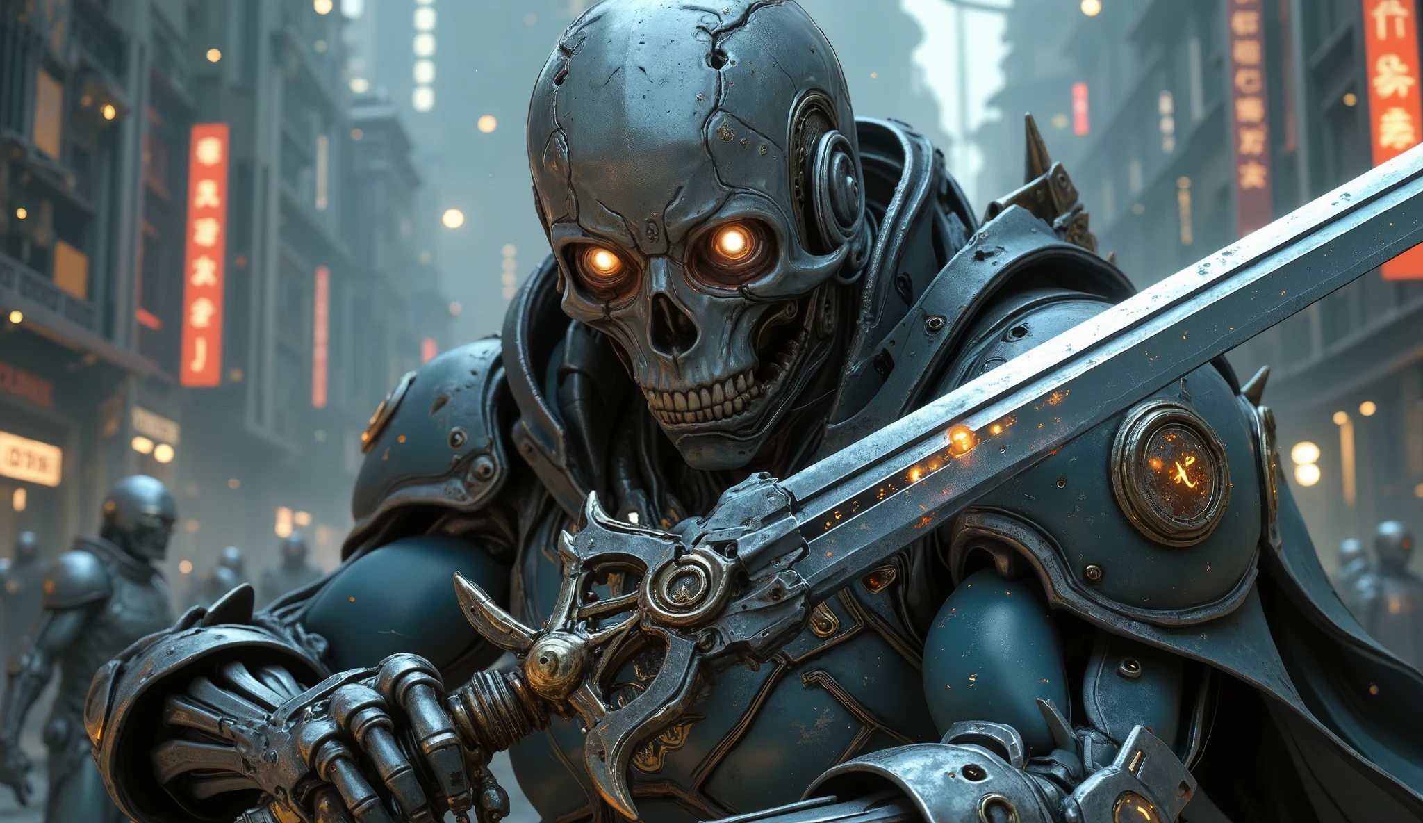 striking cover cover, Creating a human and cyborg skull with cyborg eyes, illuminated orange eyes, with a medieval sword with the blade of the sword reflecting the enemy's army, looking at the viewer, armor holder, neutral background