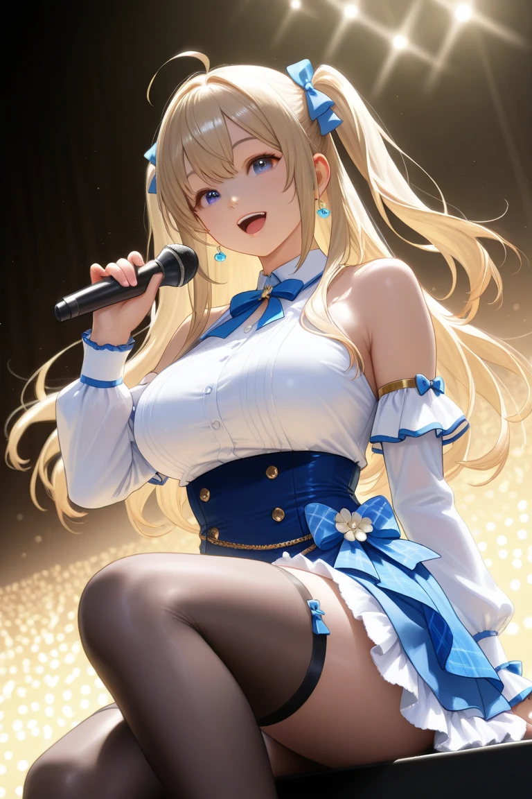 from front, 16yo girl, baby face, squatting,open legs, Holding a microphone in your hand, sing, large breasts, blue and white, idol_singing_costume, idol_singing_costume, idol_singing_costume, mini skirt, blonde hair, long hair, flower on hair, one eye closed, smile, happy, stage, live, spotlight, indoor, cinematic lighting, pretty, masterpiece, high quality, best quality, beautiful, hd, perfect lighting, detailed face, detailed body, masterpiece, best quality, intricate details, 8k uhd, perfect face, perfect eyes