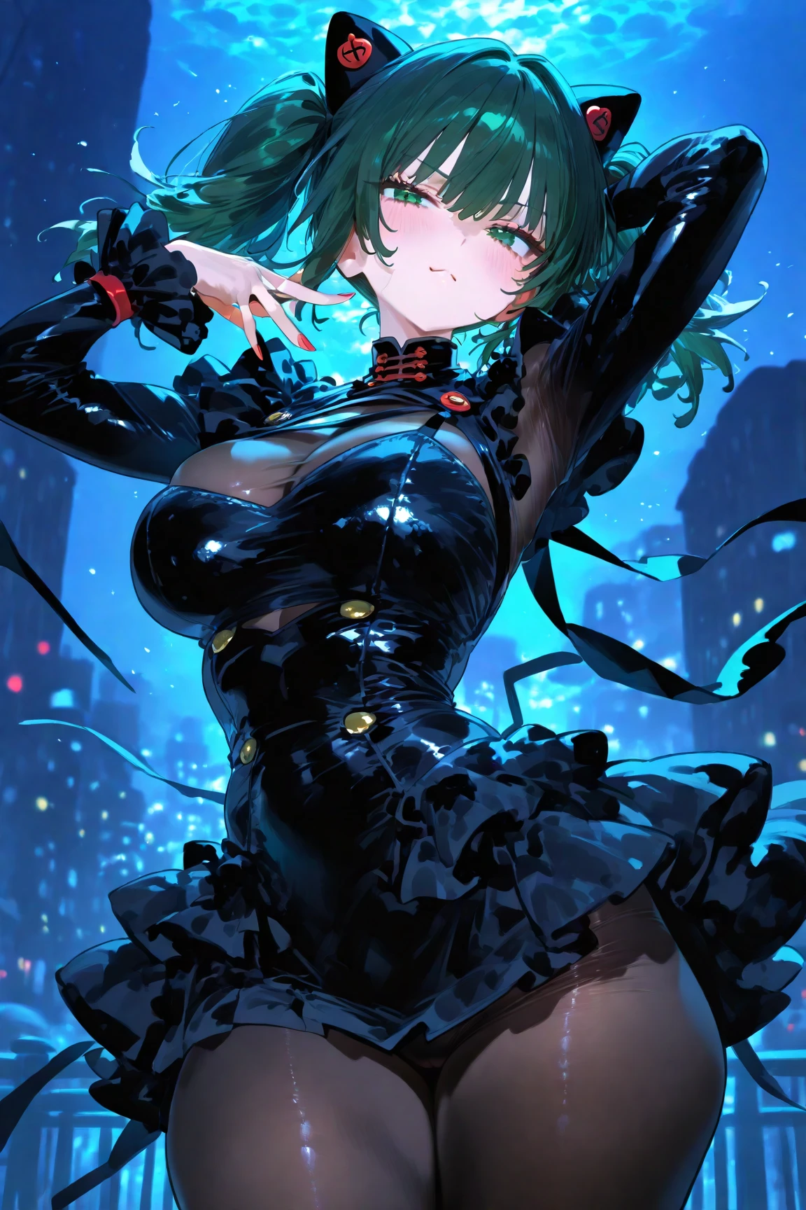 Anime-style face。 Skinny black latex cleavage dress, tiny waist, Thin waist: 1.7,ultra realistic 8k cg, masterpiece, ((ultra detailed background, delicate pattern, intricate detail)), (highly detailed, fine details), best quality, (photorealistic:1.7)，Greasy body, There is a body where lubricating oil flows down, Verism, Verism。 (NSFW:1.3), the perfect body. (sexy eyes) (seductive eyes) (clothes wet with water) (completely transparent plastic top) (suspender stockings, suspender stockings, high-gloss stockings) fleshy thighs tightened by high-gloss suspender stockings, huge soft breasts. Outermost transparent gauze on body, beautiful woman, surreal, 1 girl, ((facing the audience, hand caressing her chest)), (huge soft breasts, charming body: 1.8), sit-ups: 1.6, green hair: 1.9, (wet rain, rain wet, wet body: 1.9), painting, masterpiece, best quality, ultra-detailed, absurd, portrait beautiful, solo, earrings, jewelry, bikini, smile, sexy belt outfit, tank top, sky, day, swimwear, outdoors, gloves, necklace, transparent bikini, sexy, volumetric lighting, best quality, masterpiece, intricate details, realistic skin texture, pixiv, ultra-detailed, artstation trend,oilly skin, wet rosy skin thin waist: 1.6, Large, upturned breasts, transparent clothes, enormous breasts, anime characters, anatomically correct, textured skin。 (nsfw:1.3)enormous breasts, The picture is colorful, The brushstrokes of figure painting are multi-layered and rich。