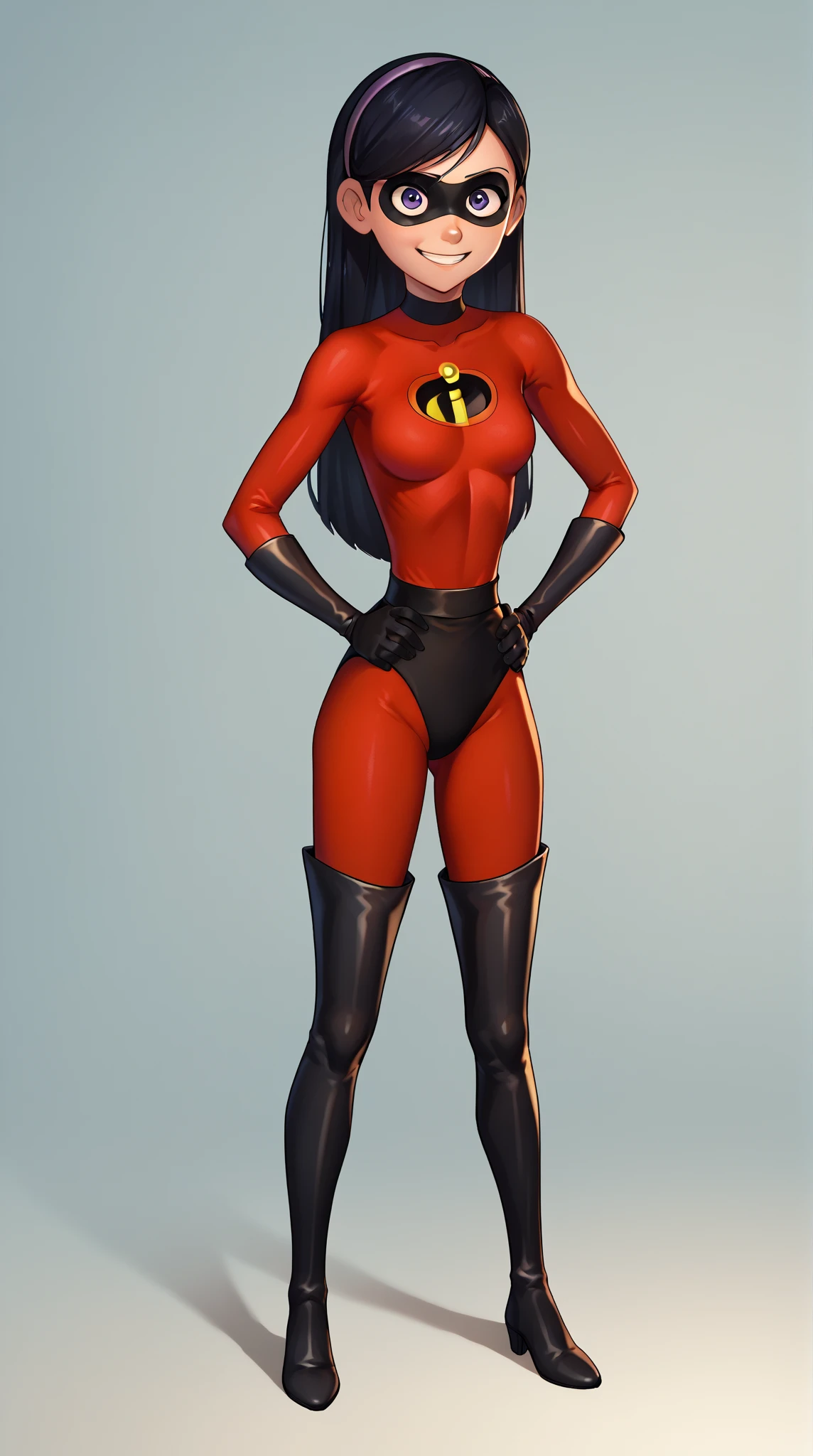 ripped skintight red clothes with the incredibles logo on, tall black shiny boots. black mask around eyes, long straight black hair, blue eyes, cleavage, sexy violet parr, masterpiece, high res, 32k (perfect ???????:1.5), perfect legs, perfect arms, action scene, sexy pose, cute face, innocent face, breasts out, red hair band