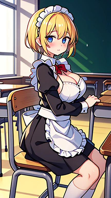Cute naughty martial artist, Pastel colors hair, (large breasts:1.2, bursting breasts, Thighs:1.2, thick legs:1.2, curvy:1.2), yellow orange hair, (undercut:2.0, short two side up:1.2, medium hair:2.0), (naked:1.4), standard height, (blush:1.2, fang:1.2, ;d), at the adventurer's guild, A bulletin board with posted paper, fighting stance