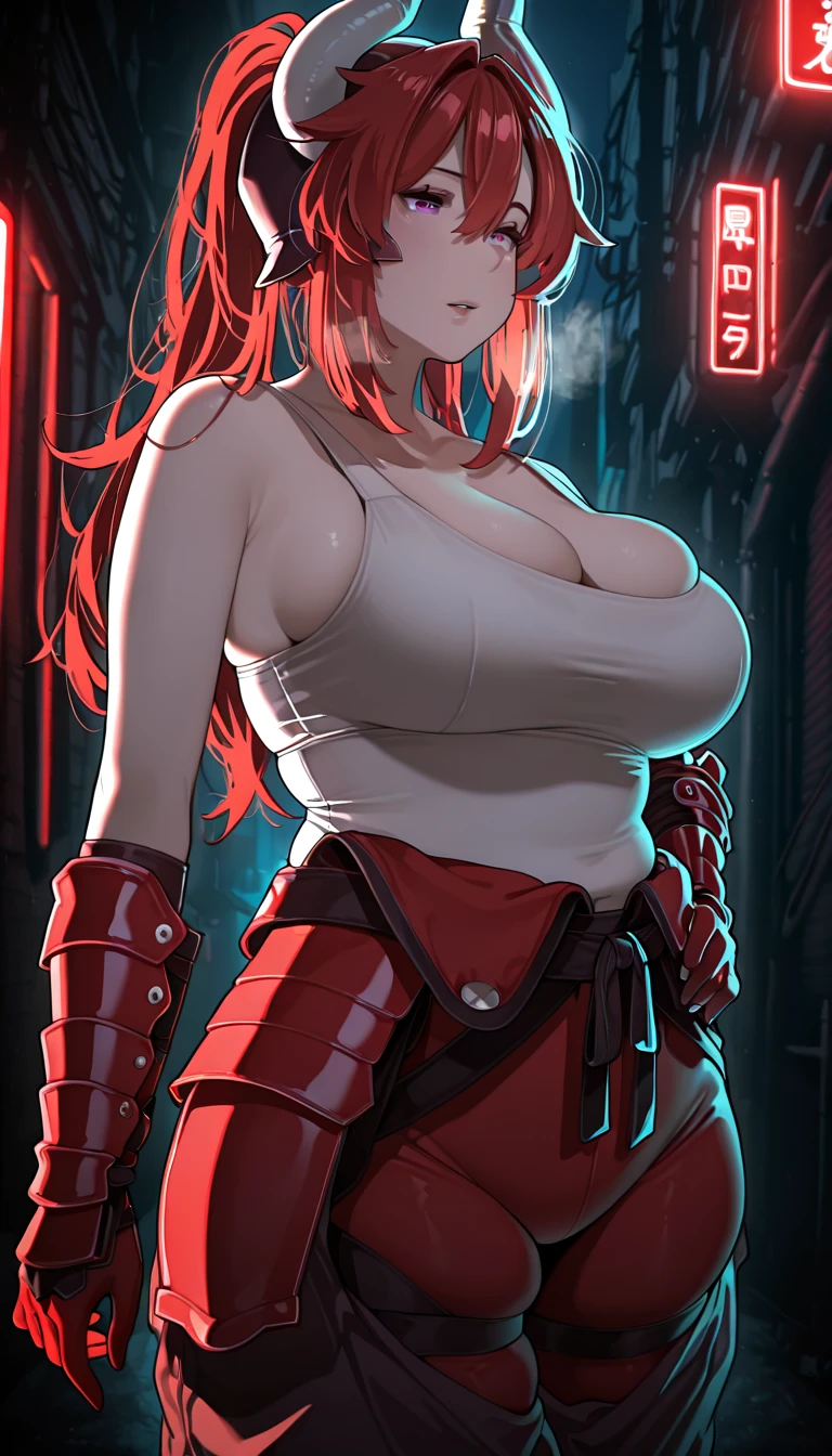 Sakuranotomoru, ((Cinematic, UHD, dynamic lights, high contrast)), comic, score_9, score_8_up, score_7_up, score_6_up, score_5_up, score_4_up, uncensored, detailed background, vignetting, masterpiece, Cinematic, high quality, absurdres, best quality, very aesthetic, newest, digital art, trending on ArtStation, ((anatomical correct)), perfect body, perfect eyes, perfect fingers, gasping, heavy breathing, gasping profusely, cinematic, ((skindentation)), ((curvy)), satan, 1girl, demon girl, demon horns, covered ears, long hair, red hair, hair between eyes, purple eyes, big breasts, plump, detailed body, detailed eyes, white tank top, red (samurai armor), red gloves, pants, (getting undressed), night city, neon lights, dim lighting, dark alley,