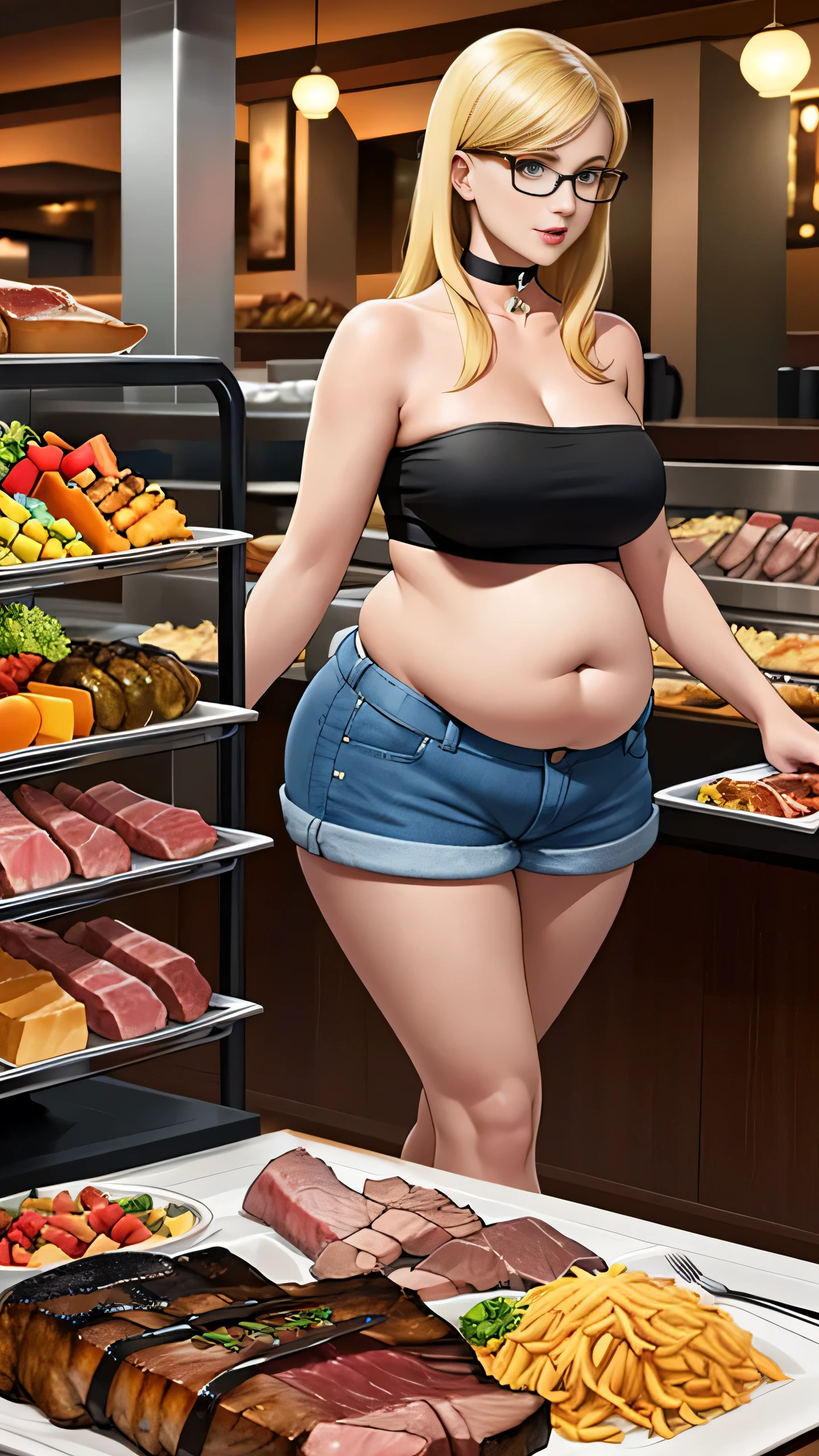 Christina Hendricks, masterpiece quality, (masterpiece quality:1.3), high res, realistic, lots of detail, alone, 1girl, (1girl:1.9), solo, in a busy restaurant, large buffet table in background, at a Golden Corral buffet, short hair, wearing choker collar, wearing black crop top, wearing blue jean miniskirt, wearing fishnet stockings, wearing g-string, thin body, chubby belly, (chubby belly:1.3), small breasts, (small breasts:1.9), lots of cleavage, smiling, blushing, (blushing:1.3), 