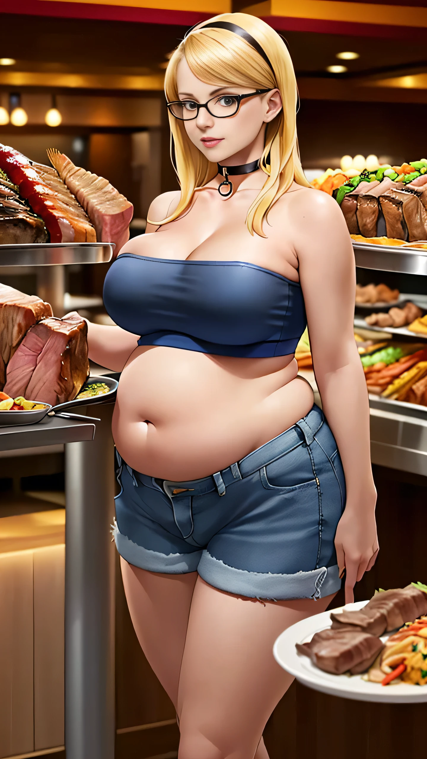 Emma Watson, (Emma Watson:1.3), masterpiece quality, best quality, realistic, (realistic:1.3), detailed, realistic, 1girl, alone, (solo:1.9), 20 years old, young beautiful face, at a buffet, (buffet:1.5), in a tavern, lots of food in background, lots of meat in background, food on shelves in background, long hair, (platinum hair:1.5), wearing blue bra, (blue bra:1.5), wearing blue jeans, (blue jeans:1.5), wearing choker collar, big breasts, (big breasts:1.5), thin body, worried, (worried:1.5),