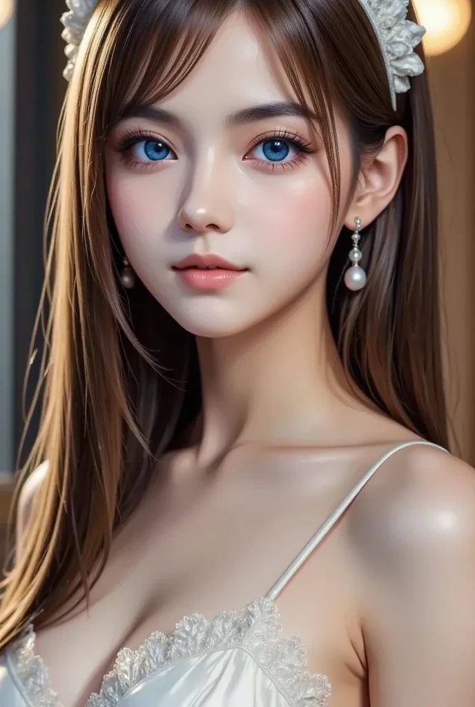Non-NSFW、Realistic、Highest quality、Highest quality、masterpiece、Ultra-high resolution、RAW Photos、Realistic、Bright lighting、Face Light、Smooth Professional Lighting、Looking into the camera、alone、Adult female、Beautiful woman、Super Beauty、realistic skin、Moisturized Skin、Realistic eyes and faces、Perfect model body shape、Beautiful Eyes、Big eyes、Inconspicuous tear bags、slim、no good、Beautiful fingers、very long hair、Silver Hair、blue eyes、Looks happy、(Both ears are hidden by hair)、Fantasy World、Medieval Europe、saint、(((Holy Priestess)))、Inside the temple、(Saint's pure white costume:1.2), Small Ass, (Large Breasts:1.3),(venus' Nipples:1.2), A konigsreuter, (front open white Priest's robe:1.6),(from behind:1.6)