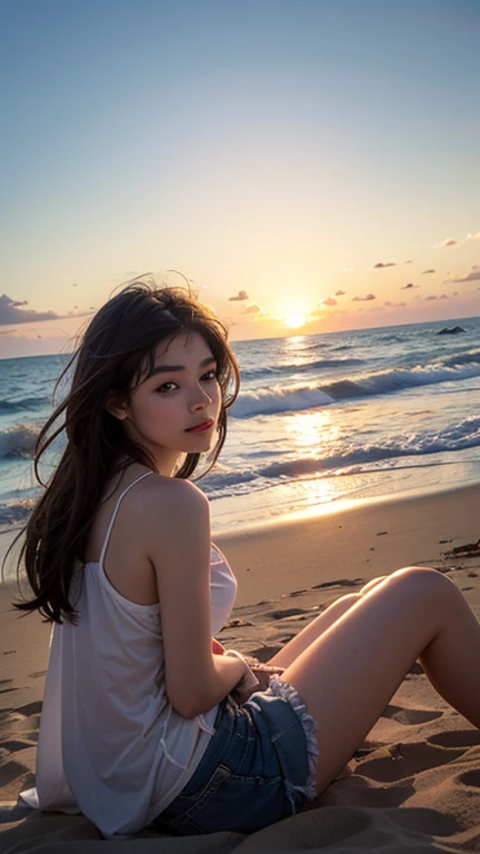 (Photo Reality:1.4)、(surreal:1.4)、(Actual Scene:1.3)、 Beautiful Korean girl on the beach, Japanese and Korean beauties, fascinating eyes、pretty eyelashes,the face of the work,perfect face shape,attractive body,a clear blue sky, golden sand, calm waves, sun tan skin, Flowing wavy hair, fashionable sunglasses, Vibrant beachwear, peaceful and comfortable atmosphere, Refreshing sea breeze, Tropical palm trees, colorful beach umbrellas, Soft Sun Light, pale white clouds, Summer mood, Playful splash, Beach volleyball, Enjoy a picnic at the beach, seashells and starfish, soda turquoise water, Sand footprint, golden sunset tones, A moment of peaceful happiness, summer resort, Beach vacation, unforgettable memories