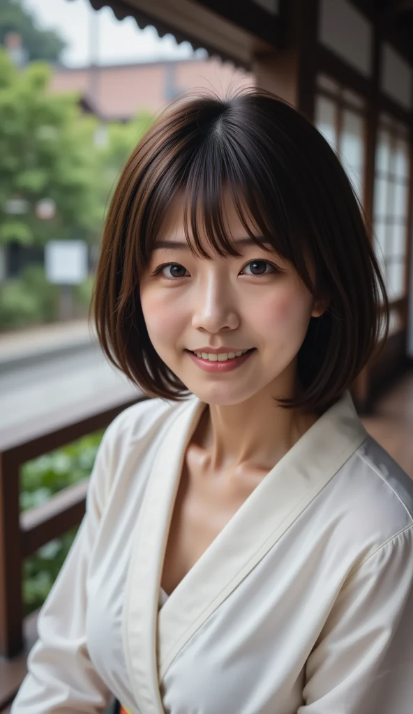 portrait, 8K, high quality, realistic photo image, 39 years old, Japan woman, neat and clean wife, small, housewife, reproduce natural and realistic eyes, Japan person stand, small, beautiful black hair, short hair, light makeup, octane rendering, beautiful lighting, golden ratio composition, smile, everyday wear, casual clothes, natural background, blurred background, 4k, high quality, realistic photo image, Japan woman, 37 years old, pure Japan face, lovely wife, upper body, small breasts, light makeup, suppin, neat beauty, mature woman, sober clothes, gray, beige, blue, sober, casual attire, smile, black hair, small black eyes, background blur