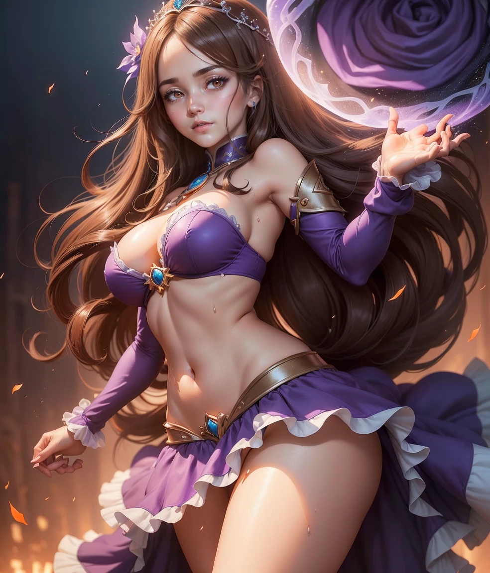 (masterpiece, best quality, hires, high resolution:1.2, 4k, 8k , high quality), extremely detailed, realistic, intricate details, highres, 1girl, solo, (large breasts, thick thighs, wide hips), arched back,(cinematic lighting, sunlight, perfect lighting, backlighting), eye-level shot, extreme close-up-shot, looking at viewer, 
 <lora:OutfitHalloweenPrincessIrisV1:0.8> outfit-iris, demon horns, elbow gloves, purple thighhighs, purple wings