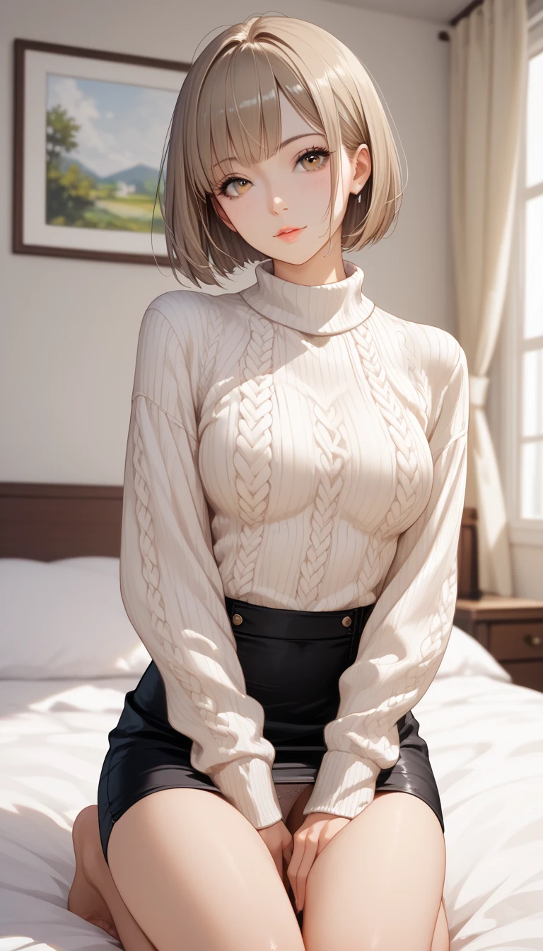 Beautiful illustration、top-quality、Cute glasses girl、shy, blush, Bedroom、A black-haired、short bob-cut hair、bangs, thin hair, (((wine-red turtleneck sweater)))、(((white skinny pants)))、Colossal tits、a navel、bare-legged、blue eyess、on the beds、lovely thighs、glowing thigh, hands between legs:1.3, sagging breasts:1.38, medium brests:1.3, hands between legs,