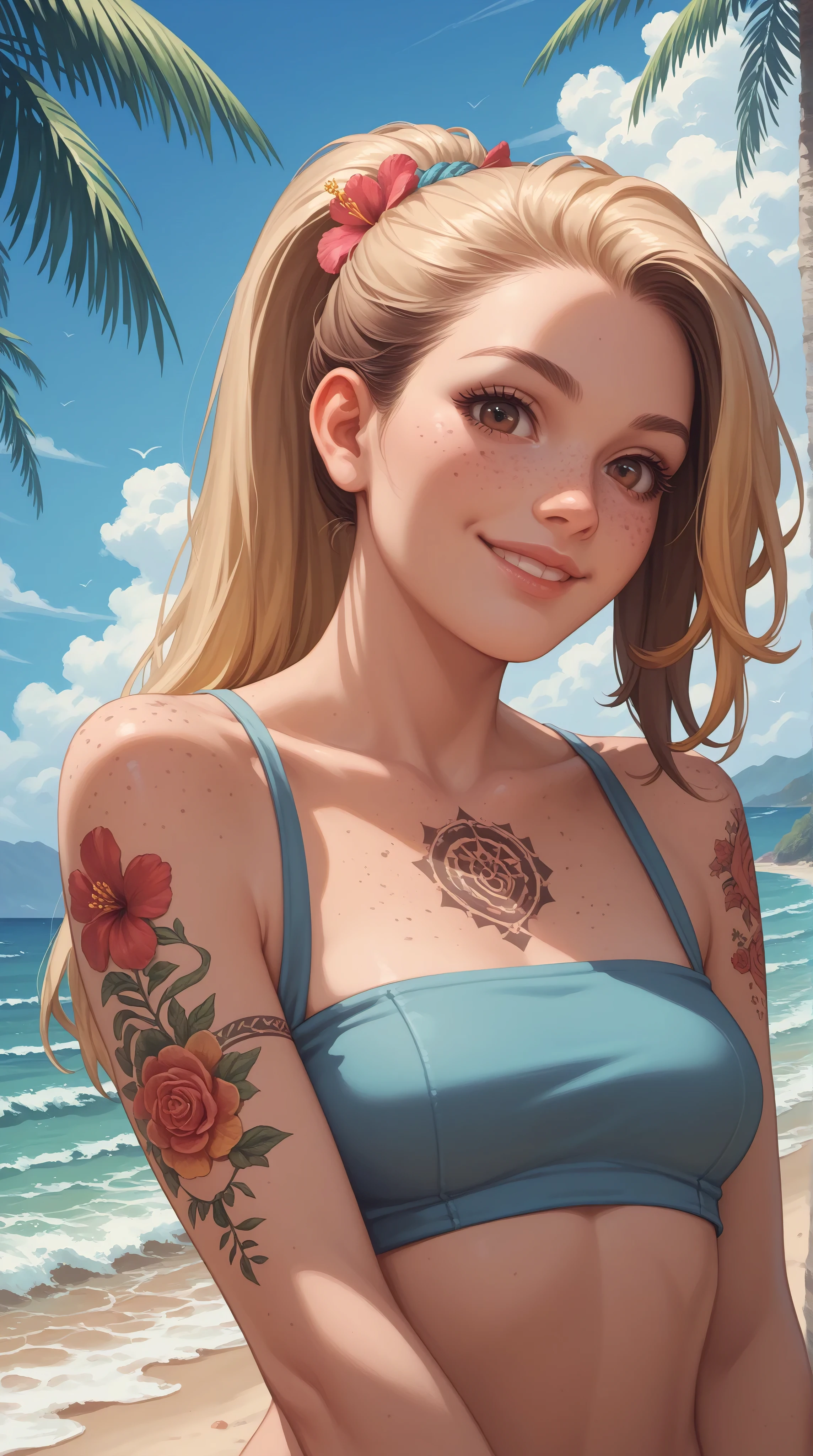 1girl, solo, brown eyes, smile, ponytail, looking at viewer, tattoo, blonde hair, brown hair, flower tattoo, upper body, bare shoulders, crop top, freckles, multicolored hair, long hair, arm tattoo, detailed face, lips, beach, ocean, sand, waves, palms,