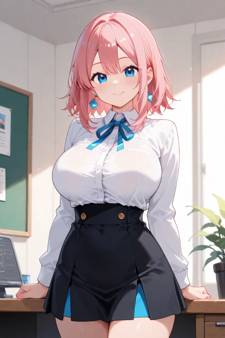 ((masterpiece, Highest)), (One girl), (Mature Woman), Light pink hair, trumpet, ((office lady), bangs, Mid-breasted, (full), slim, smile, [Wide Hips], office, Are standing, got it \ (Blue File),White underwear、to close range