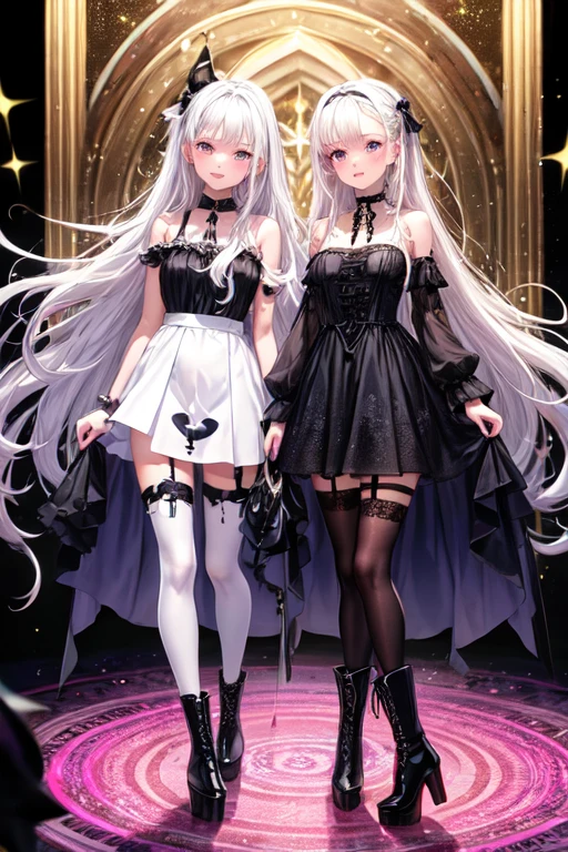 (((full-body view))), ((hentai)), ((dark fantasy)),((two girls with wavy hair, pale skin, long light blond hair),((light blue eyes)), freckles,(girls 18 years old),erotic posing,Gothic background, Dark fantastic view,Best Quality,masutepiece,8K,The ultimate detailed dark background, Top image quality、RAW photography、超A high resolution, overall look is very erotic, round chest, Beautiful Eyes of Details、Very slender eyes、Beautiful eyelashes、Very slim physique, with blush cheeks