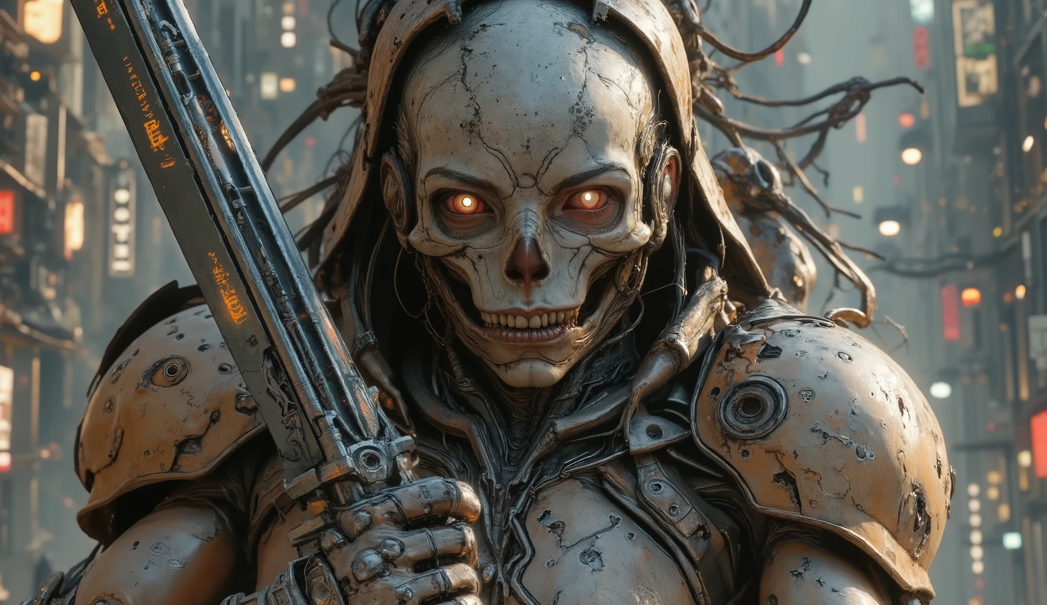 striking cover cover, Creating a human and cyborg skull with cyborg eyes, illuminated orange eyes, brandishing a medieval sword with the blade of the chrome sword, looking at the viewer, armor holder, neutral background, Behind death and destruction