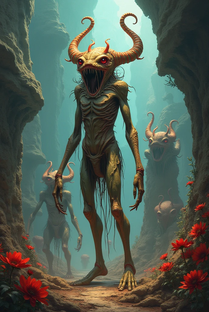 A dark cave painting, symbolizing a hideous creature attacking a large sacred tree.
Delete the man. The demon is smaller and is attacking the tree.