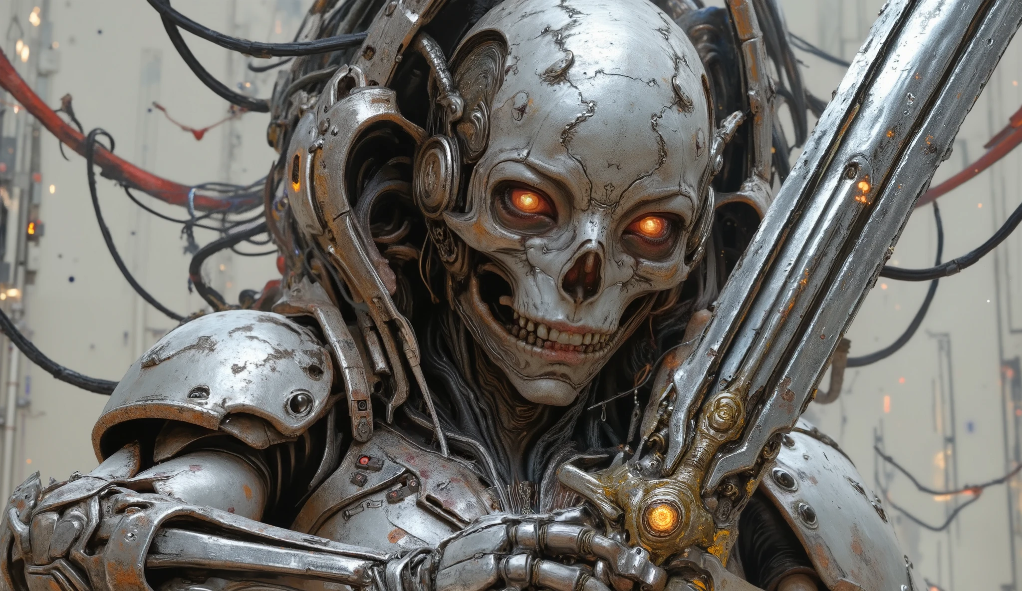 striking cover cover, Creating a human and cyborg skull with cyborg eyes, illuminated orange eyes, brandishing a medieval sword with the blade of the chrome sword, looking at the viewer, armor holder, neutral background, Behind death and destruction